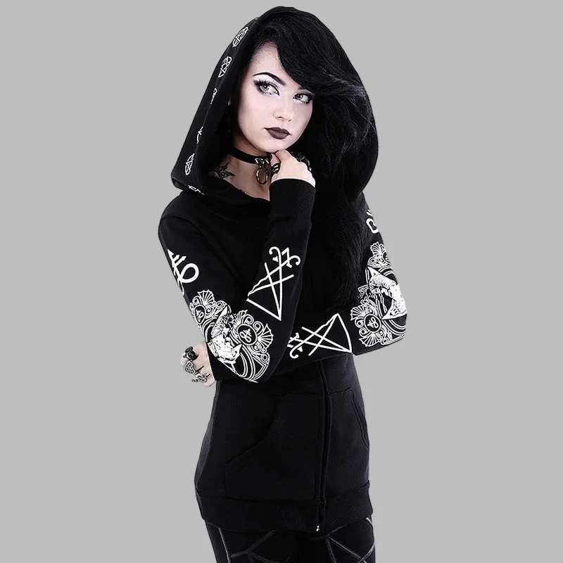 Camisola Gótica Preta Caveira Pentagrama Capuz Darkwear Feminina
