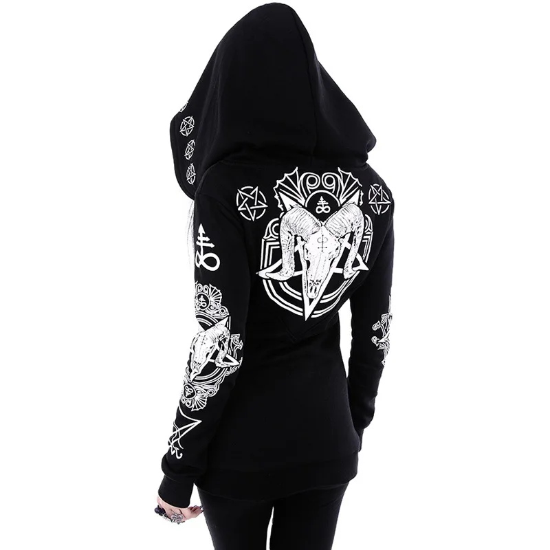Camisola Gótica Preta Caveira Pentagrama Capuz Darkwear Feminina - Image 3
