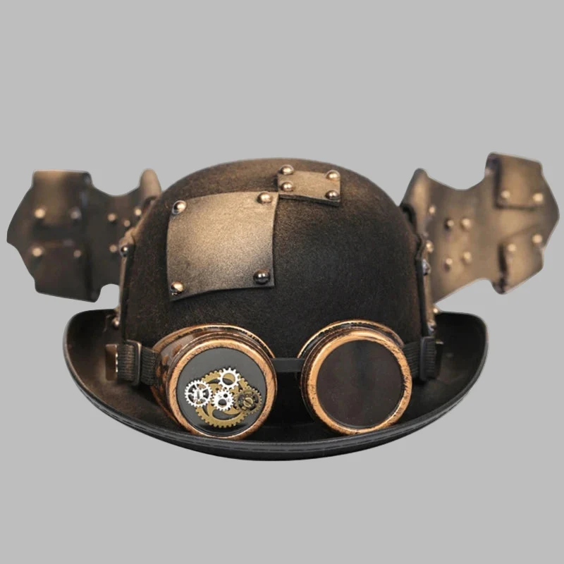 Chapéu Steampunk com Placas Metálicas, Chifres e Óculos