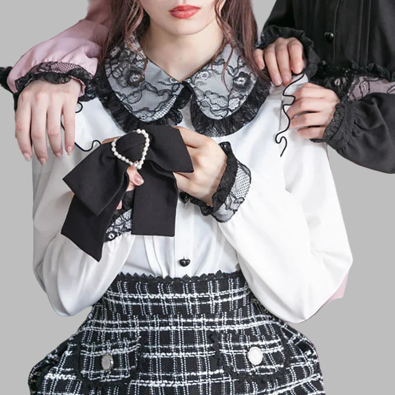 Blusa Gótica Branca com Gola de Renda e Laço Grande Lolita Jirai Kei